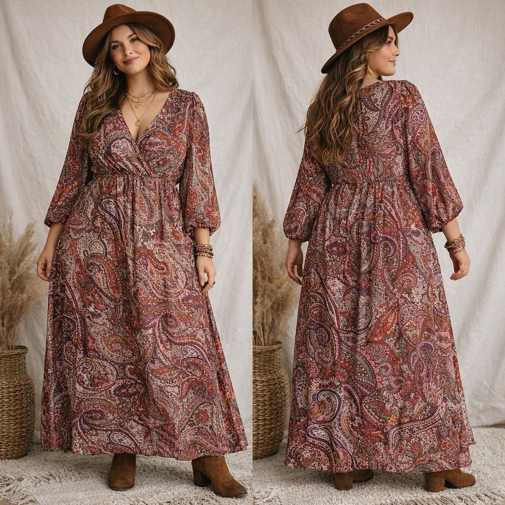 Love Squared Paisley Maxi Dress in Rust and Mauve